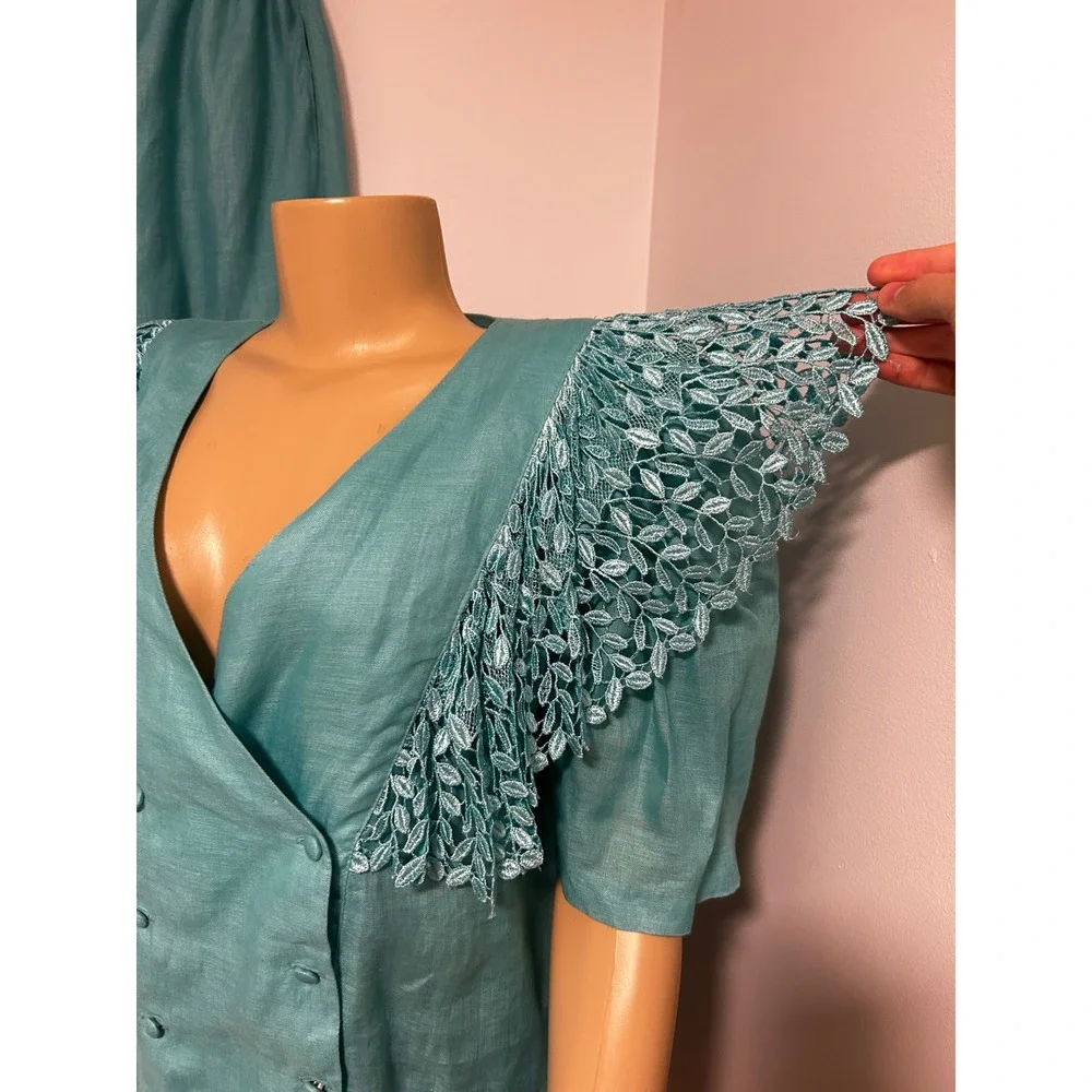 LERMAJ Vintage Teal Linen Blend Two Piece Set Lace Wrap Top Wide Leg Pants M/L